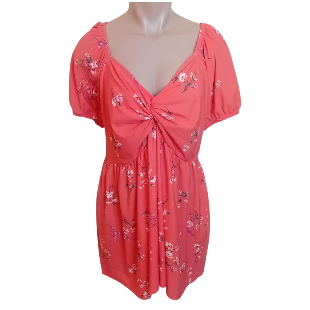 NWOT Plus 2DYE4 Floral Mini Dress Smocked Twist Front Coral‎ Boho Cottagecore 2X